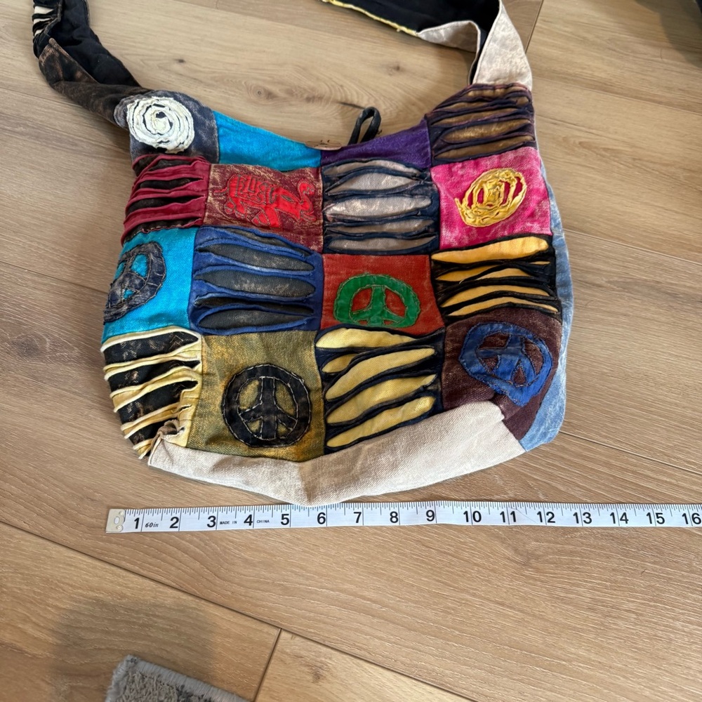 Colorful Patchwork Colorful Shoulder Hobo Bag Boho Peace Elephant Artsy Cotton - Picture 9 of 10